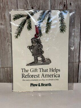 Plow & Hearth Pewter Skiing Santa Claus Hanging Christmas Ornament New Holiday